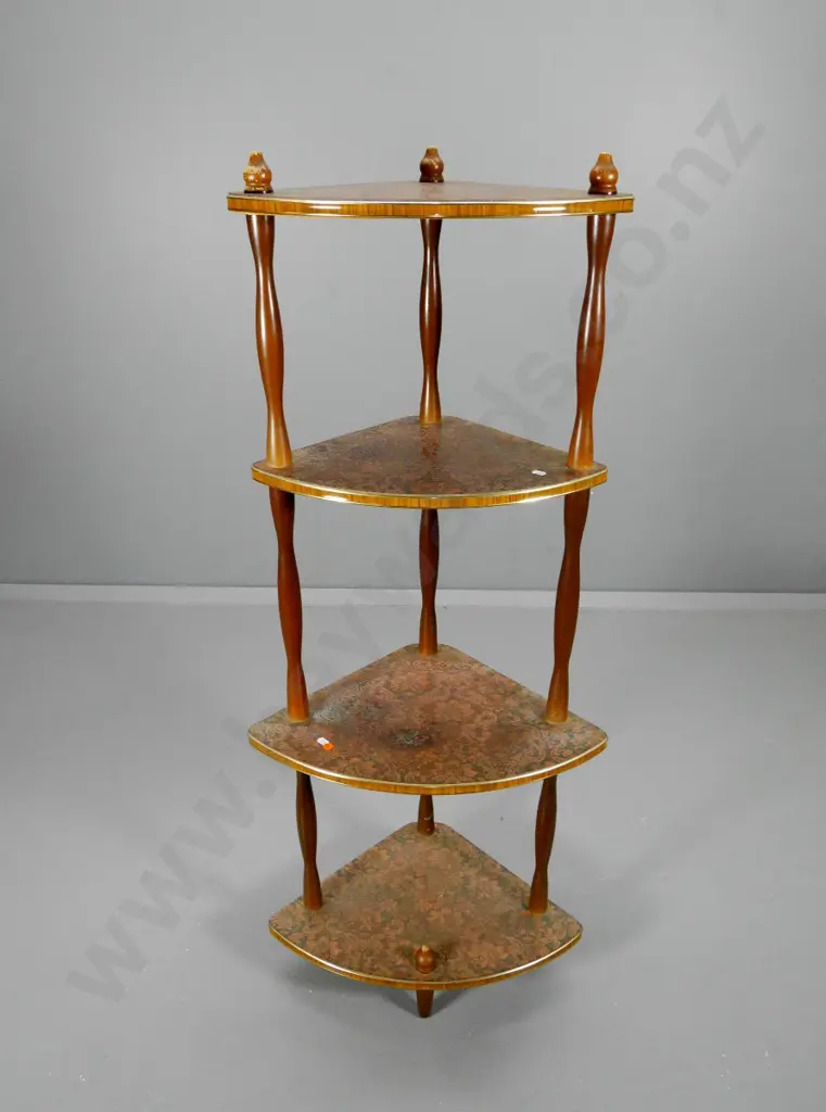 mid-century retro 4-tier corner whatnot with pressed copper shelves, wood spindles H1300 W520 D350 Image 1++