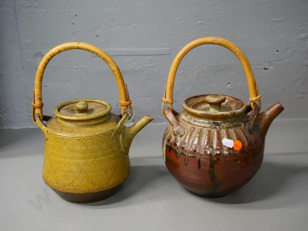 2 studio pottery teapots with cane handles - taller is H-280 Image 1++