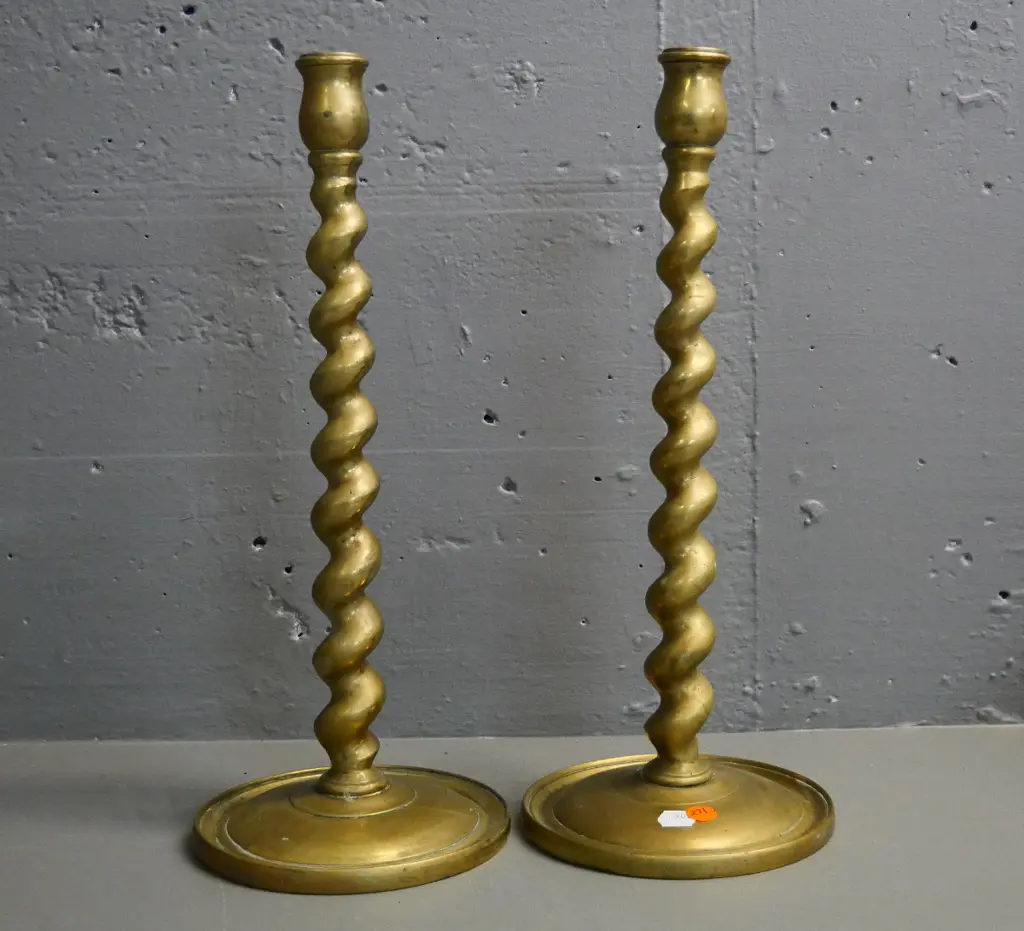 pair of large heavy brass barley twist candlesticks H-390 Image 1++