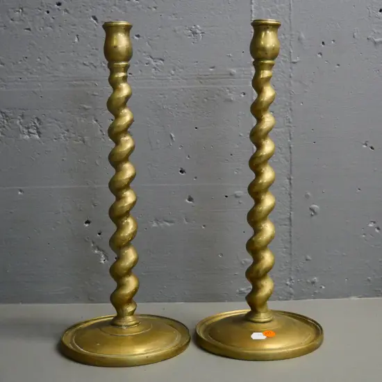 pair of large heavy brass barley twist candlesticks H-390