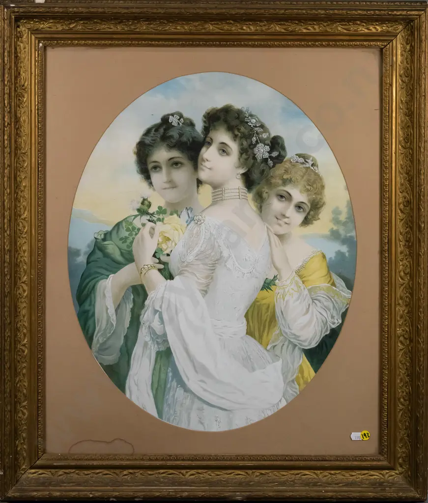 gilt framed vintage print - three women (waterstain to mat , some damage to frame ) H-520 W-410 Image 1++