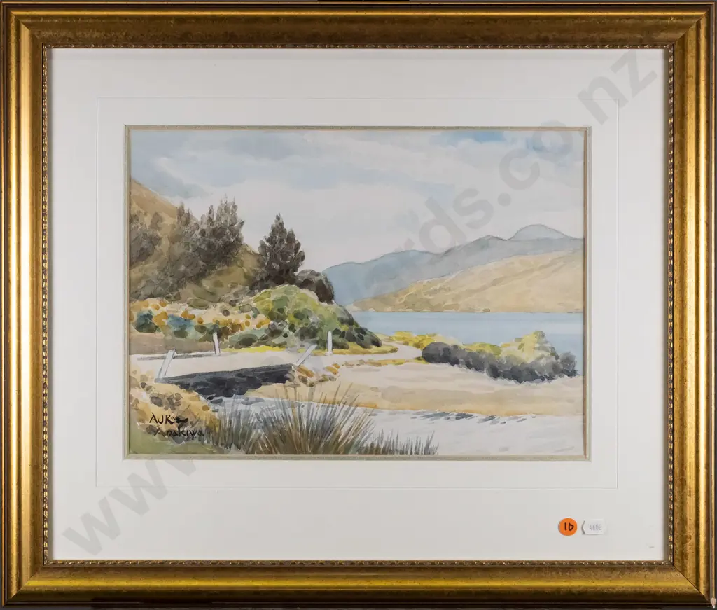 illegible signature - framed watercolour - bridge by lake H-250 W-350 Image 1++