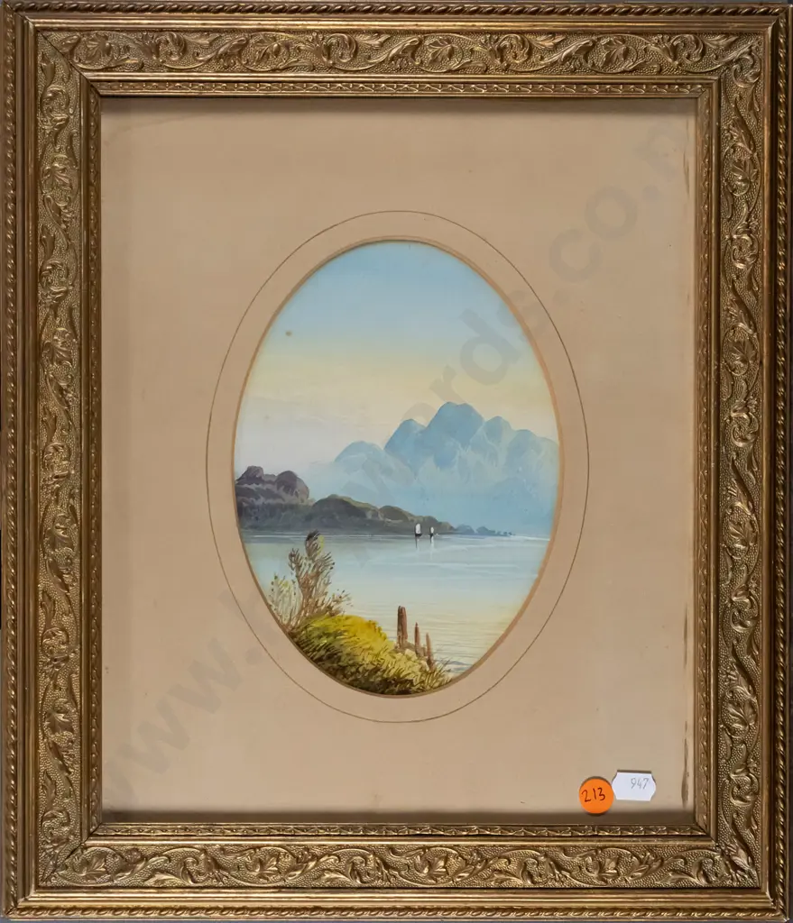 gilt framed watercolour - lake and mountain scene (slight foxing) H-180 W-120 Image 1++