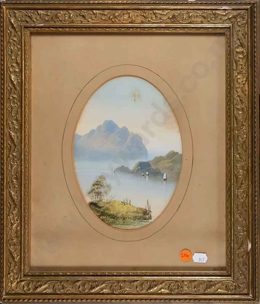gilt framed watercolour - lake and mountain scene  (foxing) H-180 W-120 Image 1++