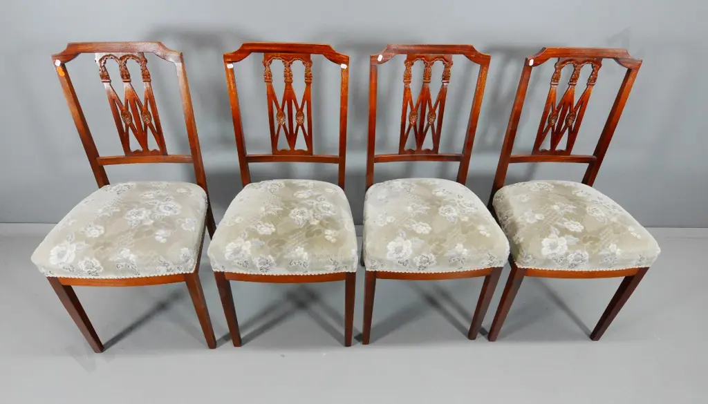 set of 4 mahogany fretted splat back dining chairs with embossed velvet upholstered seats H900 W430 D400 Image 1++