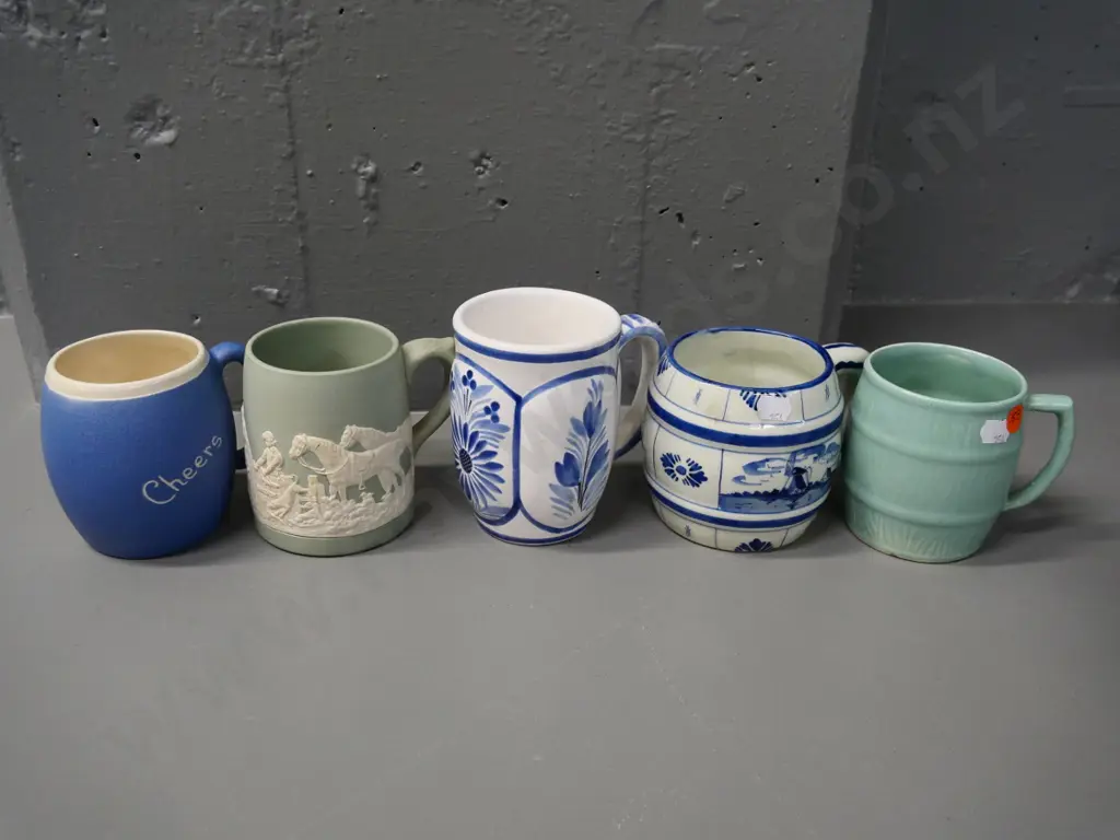 5 mugs - Delft, Quimper, Sylvac, Devon ware etc. Image 1++