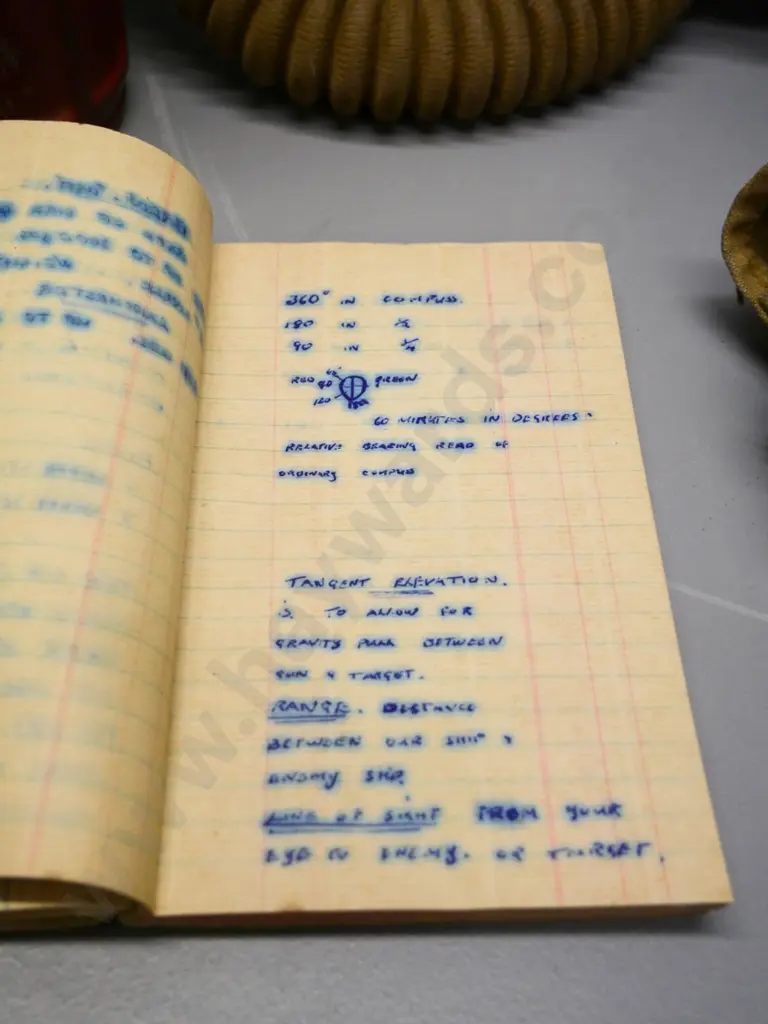 vintage military gas mask and bag, with hand-written notebook - seamanship & gunnery Image 1++