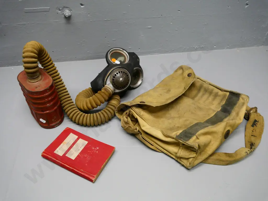 vintage military gas mask and bag, with hand-written notebook - seamanship & gunnery Image 1++