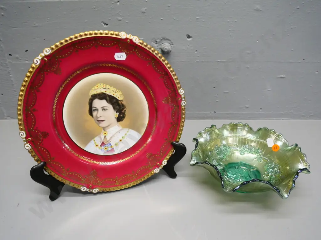 green carnival glass windmill design bowl and a Aynsley QEII Coronation cabinte plate D-260 Image 1++