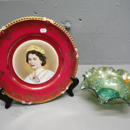 green carnival glass windmill design bowl and a Aynsley QEII Coronation cabinte plate D-260