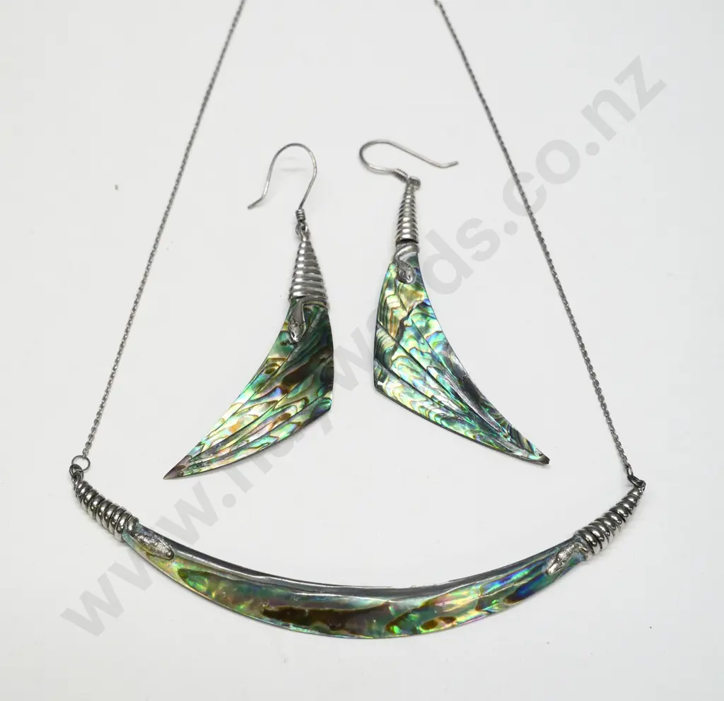 paua shell necklace & earrings chain stamped sterling Image 1++