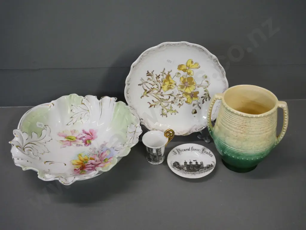 assorted vintage china - Beswick 2-handled vase, continental salad bowl, Hancock plate, souvenir demitasse cup & saucer Image 1++