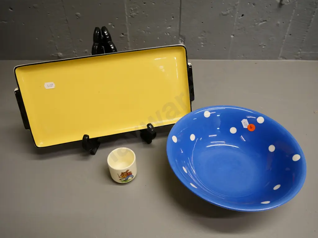 T&G Greene blue domino serving bowl D-220, Bunnykins egg cup, and a yellow and black sandwich tray Image 1++