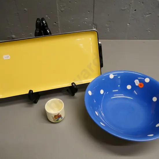T&G Greene blue domino serving bowl D-220, Bunnykins egg cup, and a yellow and black sandwich tray