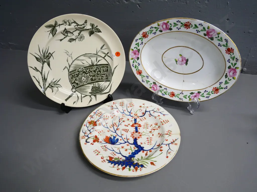 3 plates, 2 hand-painted: circa 1790s Derby oval plate with mends, Oriental with staple mend, & Crescent 'Choco' Image 1++