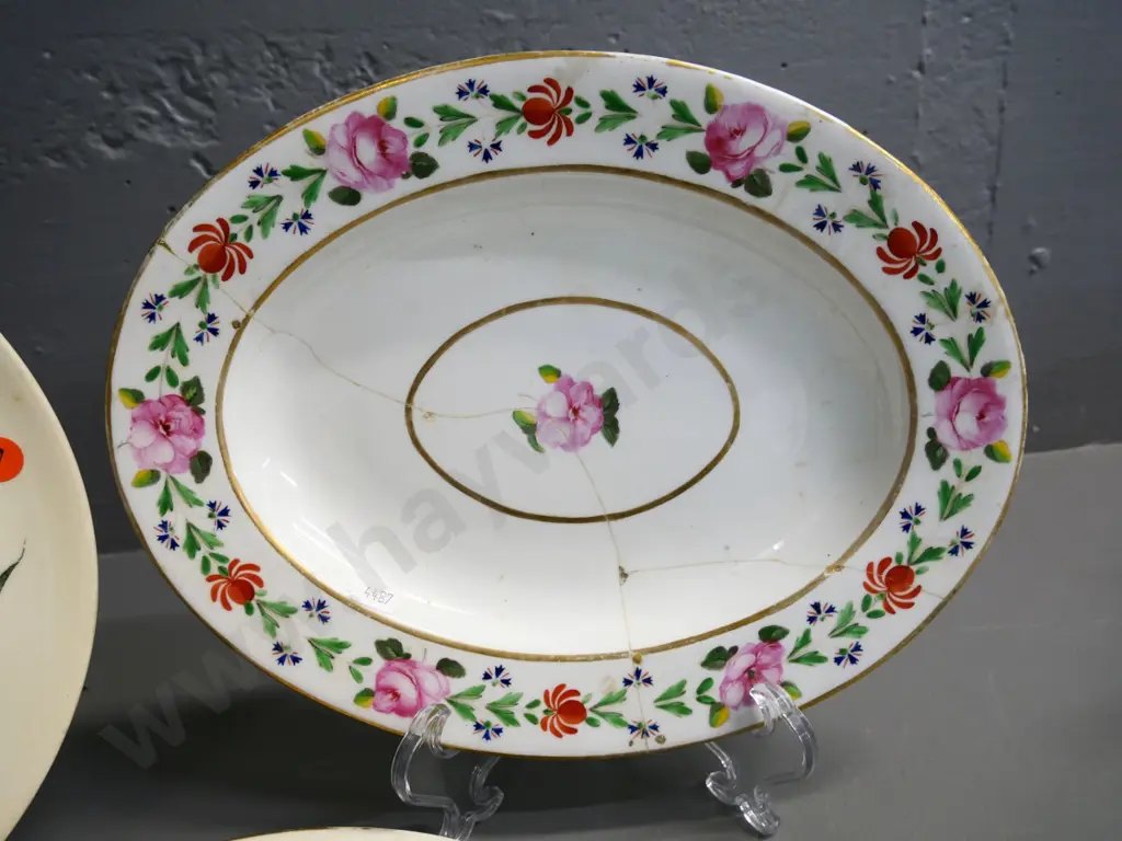 3 plates, 2 hand-painted: circa 1790s Derby oval plate with mends, Oriental with staple mend, & Crescent 'Choco' Image 1++