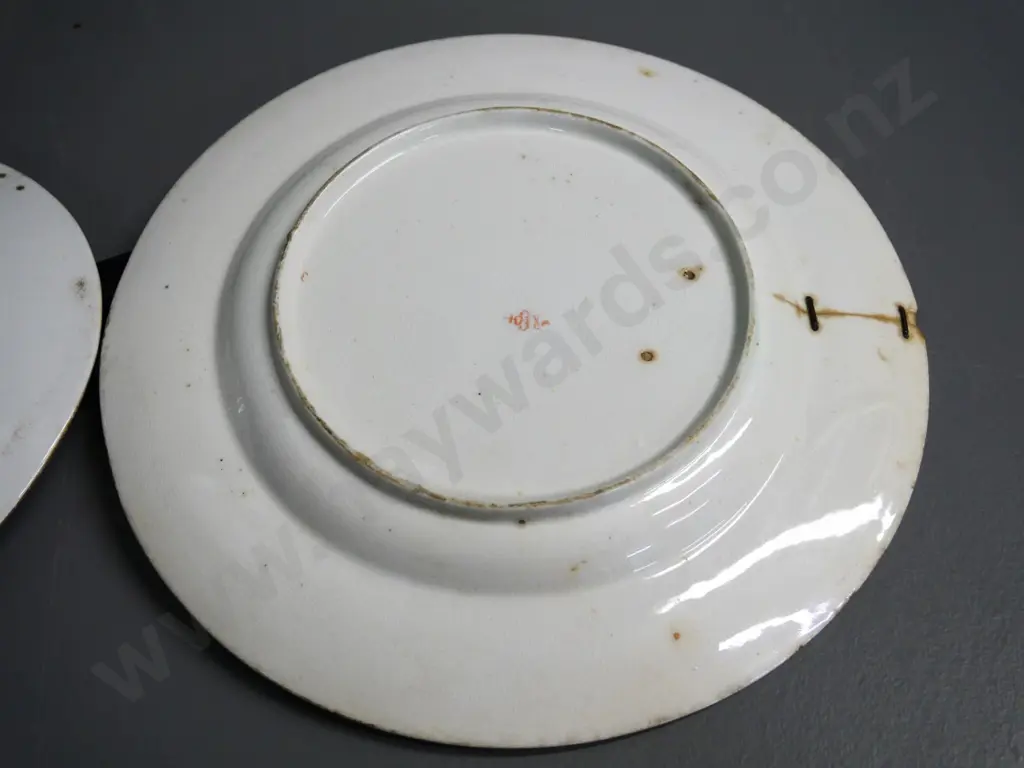 3 plates, 2 hand-painted: circa 1790s Derby oval plate with mends, Oriental with staple mend, & Crescent 'Choco' Image 1++