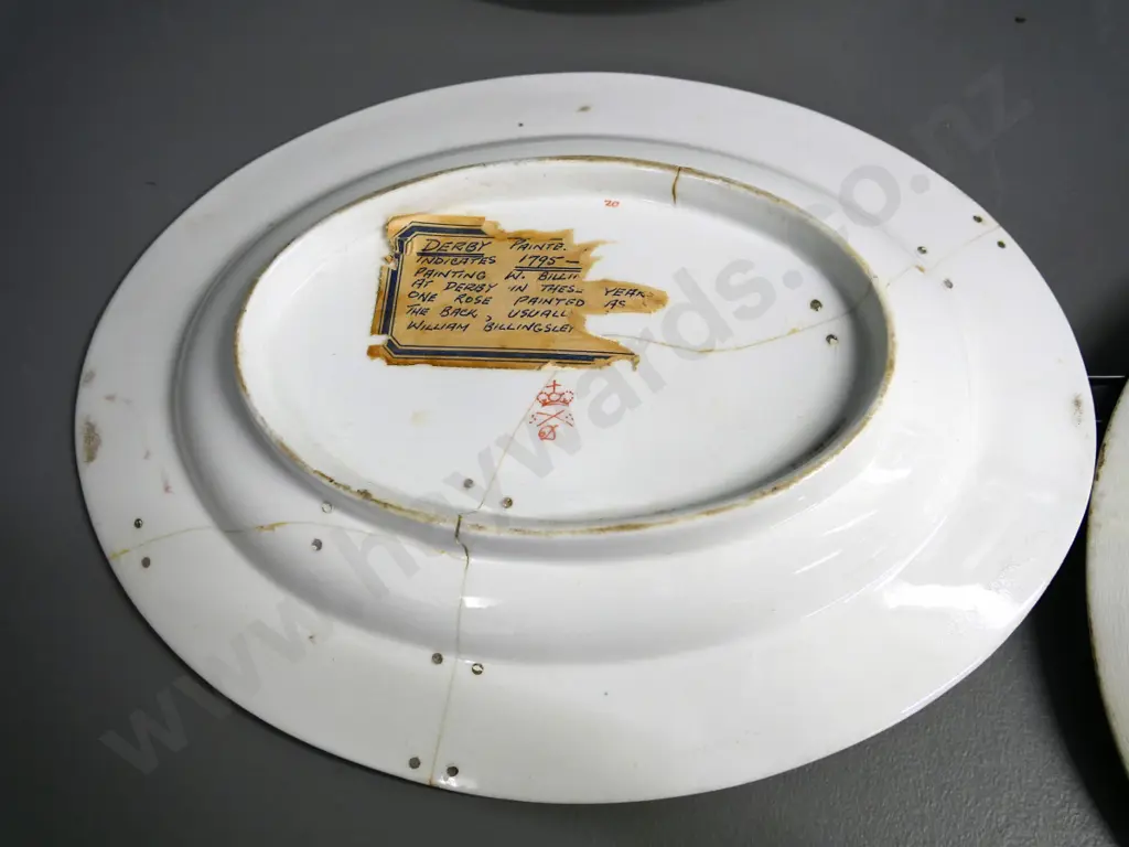 3 plates, 2 hand-painted: circa 1790s Derby oval plate with mends, Oriental with staple mend, & Crescent 'Choco' Image 1++