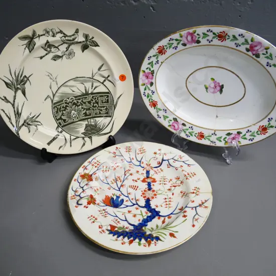 3 plates, 2 hand-painted: circa 1790s Derby oval plate with mends, Oriental with staple mend, & Crescent 'Choco'