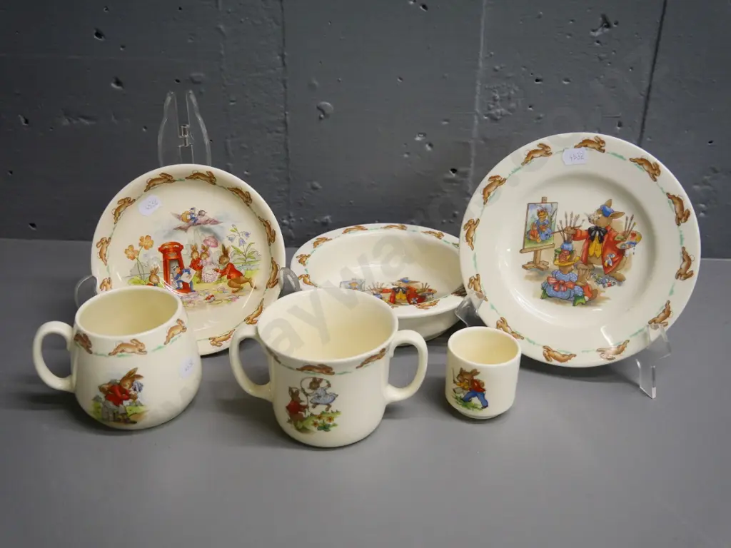 assorted Royal Doulton Bunnykins ware including 2 mugs, saucer, plate, bowl, etc. Image 1++