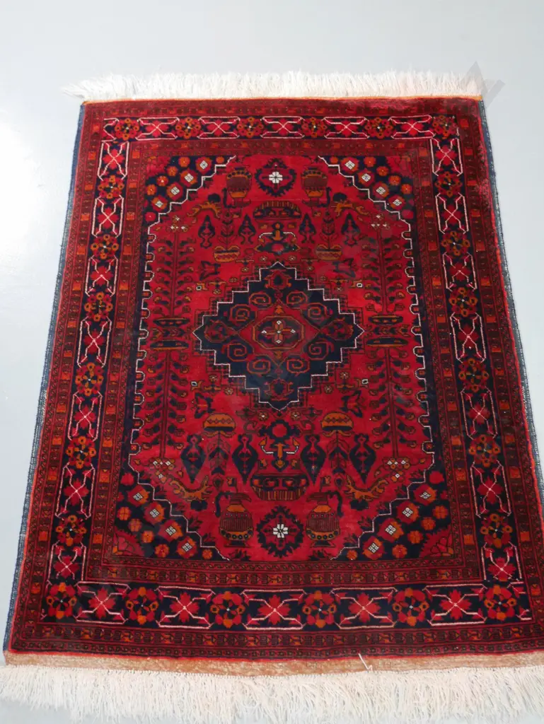 Persian style hand-knotted wool floor rug - dark red and blue L1300 W960 Image 1++