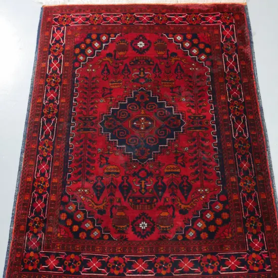 Persian style hand-knotted wool floor rug - dark red and blue L1300 W960