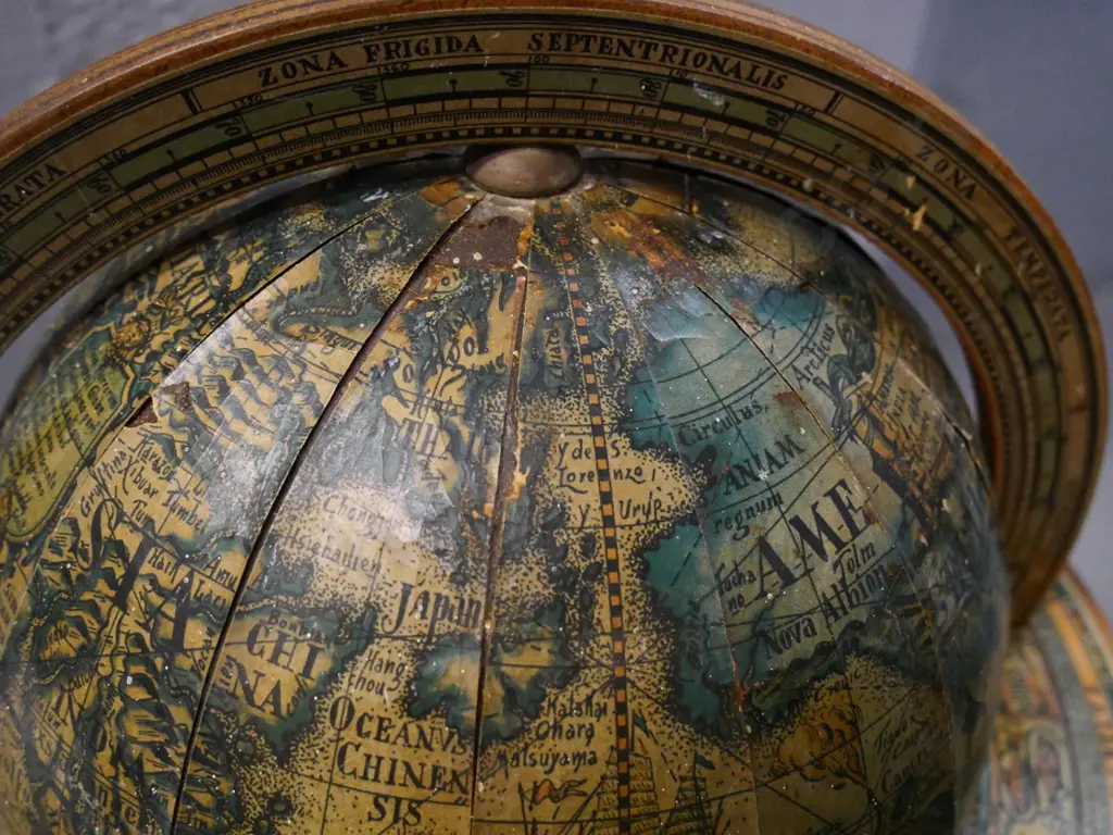 vintage reproduction world globe in wooden stand - corrosion to metal, paper sections separating H-460 D-330 Image 1++