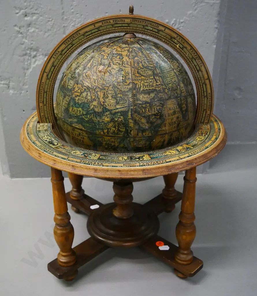 vintage reproduction world globe in wooden stand - corrosion to metal, paper sections separating H-460 D-330 Image 1++