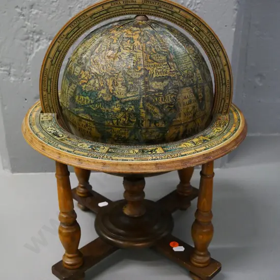 vintage reproduction world globe in wooden stand - corrosion to metal, paper sections separating H-460 D-330