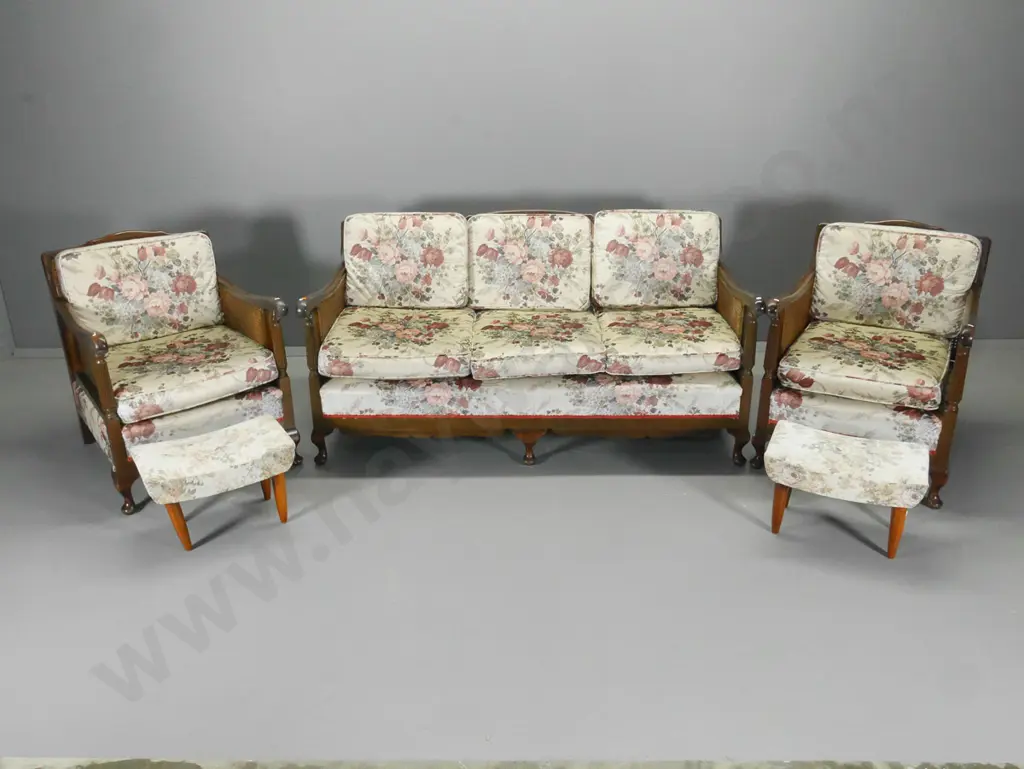 mahogany bergere floral print lounge suite: 3-seater settee, 2 armchairs and 2 non matching foot-stools H810 W1610 D830 Image 1++