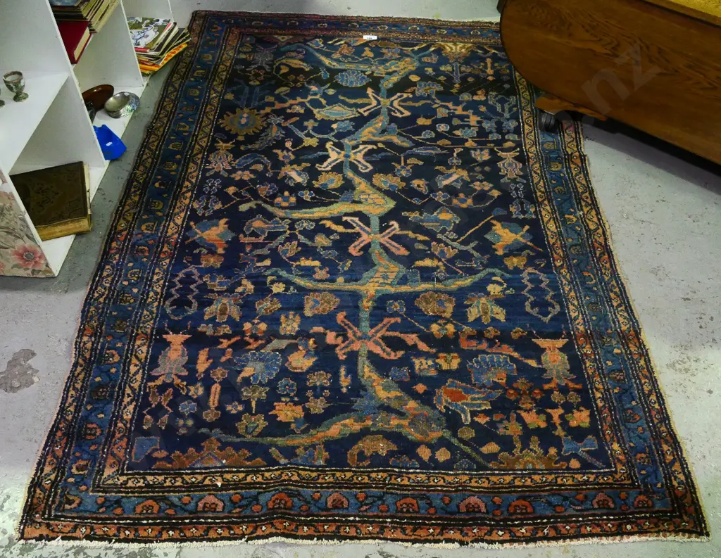 Persian style hand-knotted wool floor rug - dark blues, rose and brown L1920 W1260 Image 1++
