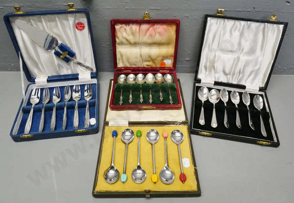 4 cased sets of cutlery - one is sterling apostle coffee spoons, others are plated Image 1++