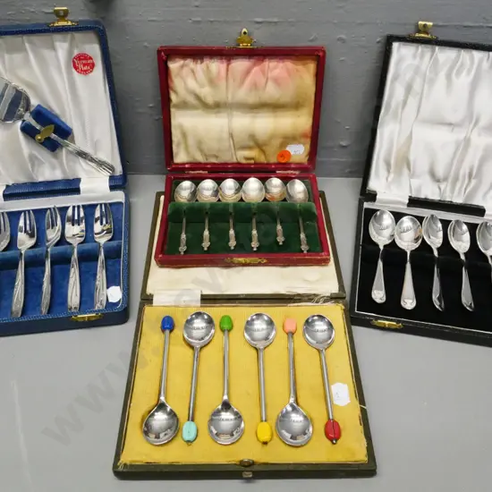 4 cased sets of cutlery - one is sterling apostle coffee spoons, others are plated
