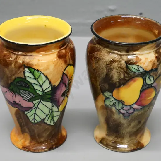 2 Tunstall vases - floral pattern signed Grocott (small mend to rim) and a 'Luscious' fruit pattern, each H-110