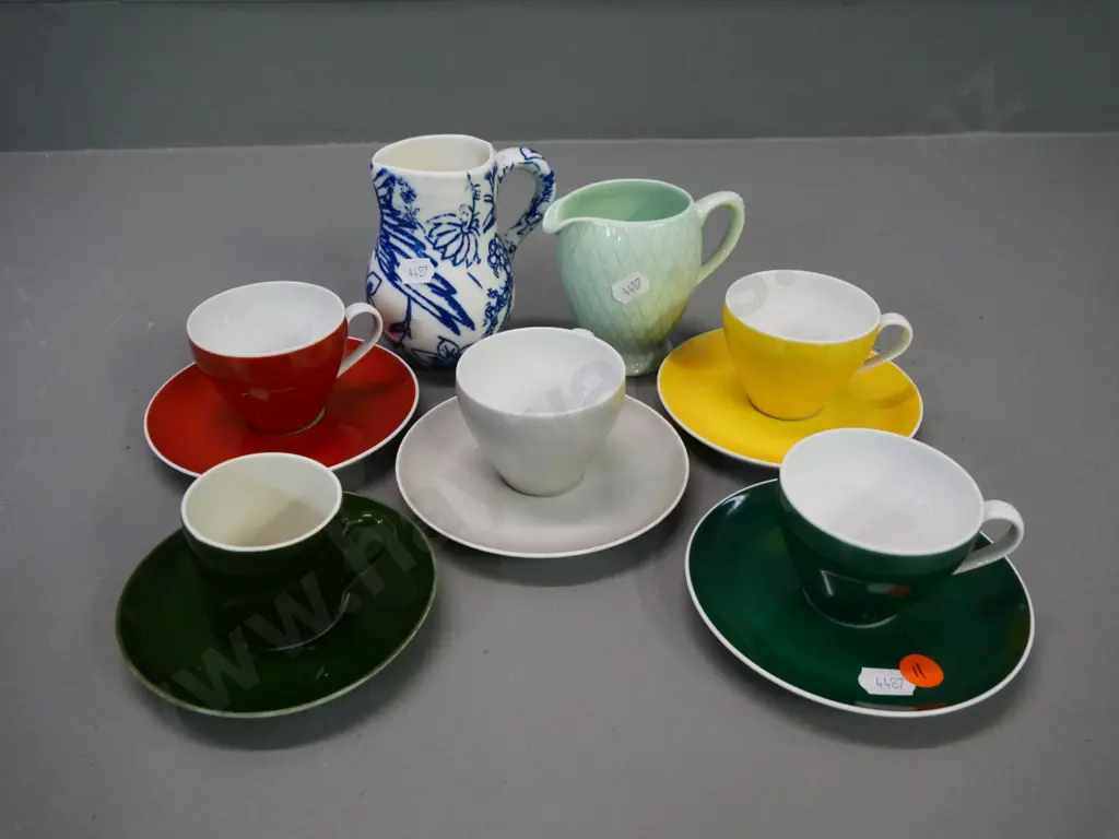 5 demi-tasse cups & saucers - 4 German, one French, and 2 jugs - English and blue & white w/ no mark Image 1++