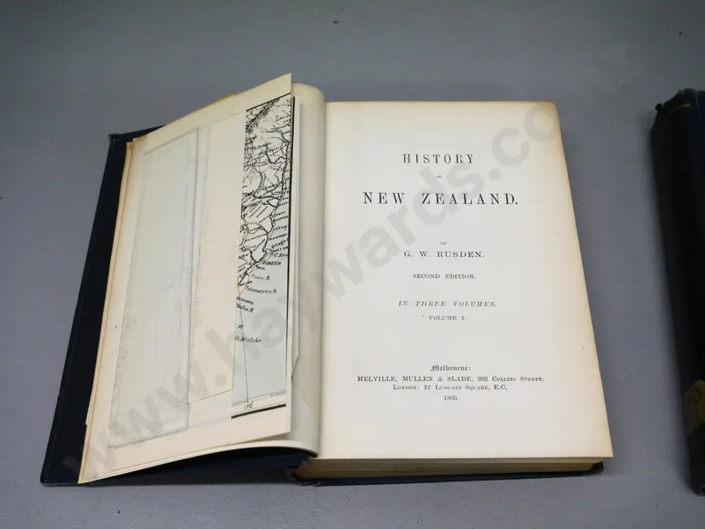 3-Volume History of New Zealand by G.W. Rusden, 1895 - ex-library, some perforated stamps etc. Image 1++