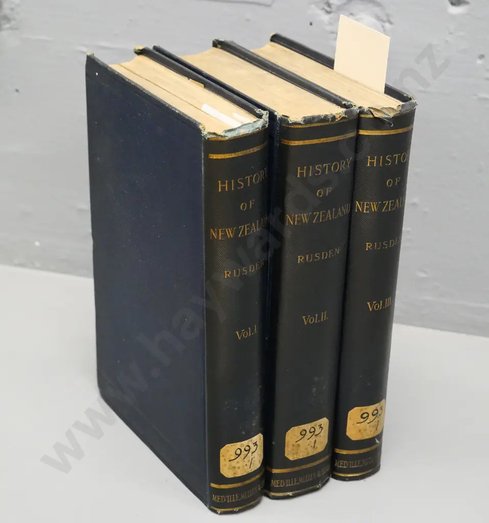 3-Volume History of New Zealand by G.W. Rusden, 1895 - ex-library, some perforated stamps etc. Image 1++