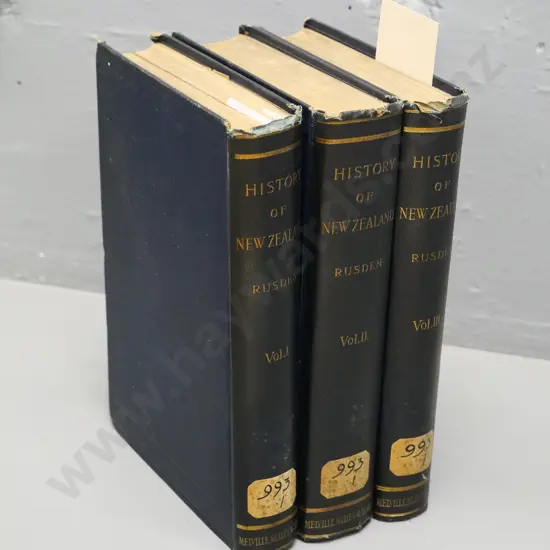 3-Volume History of New Zealand by G.W. Rusden, 1895 - ex-library, some perforated stamps etc.