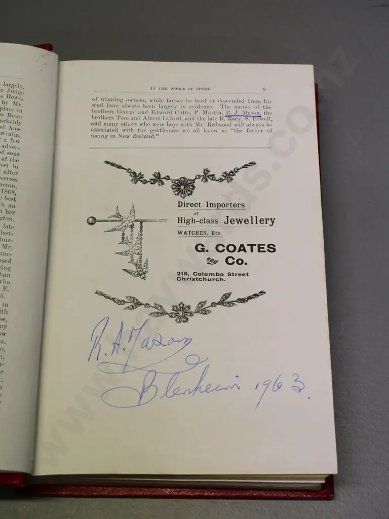 book: Men of Mark in the World of Sport in New Zealand - J Chadwick 1906, some page signed RJ Mason, some staining Image 1++