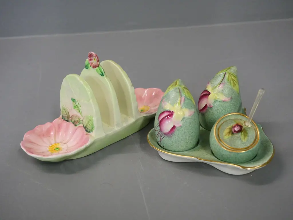Royal Winton Fuschia condiment set and a Carlton Ware Briar Rose toast rack Image 1++