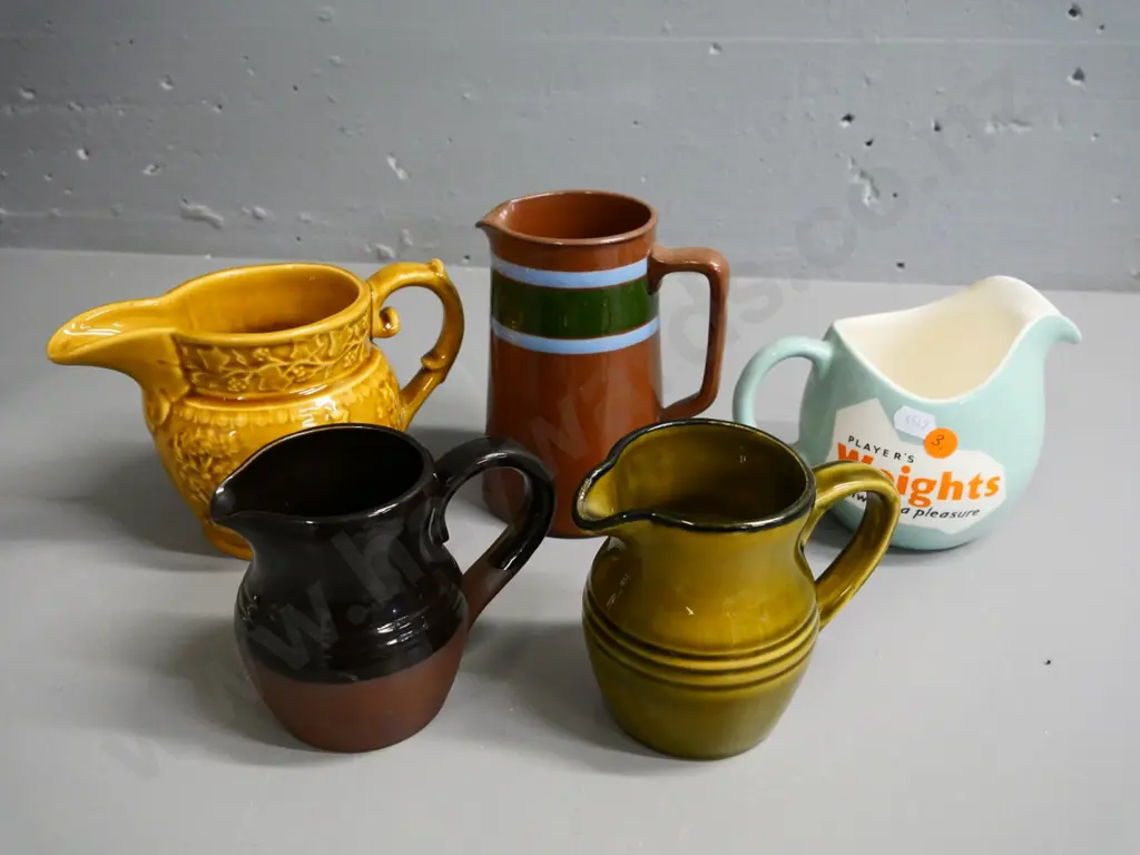 5 T&G Greene retro jugs - Players Promotional, salt glazed, relief pattern, etc. Tallest is H150 Image 1++