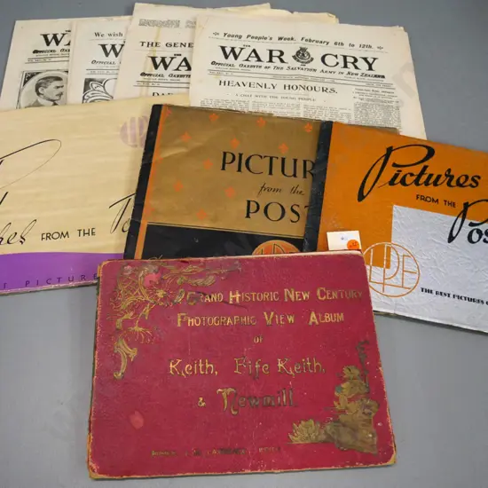 4 vintage photo books incl Pictures from the Post 1936, 7 & 8 - and four 1905 issues of War Cry NZ Salvation Army pub.