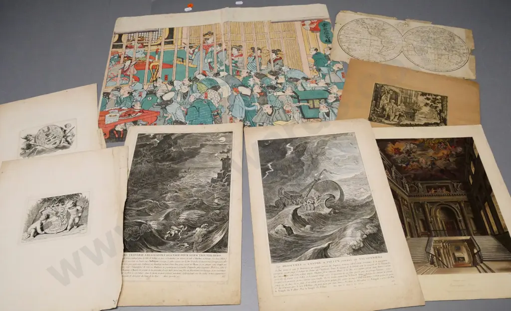 assorted unmounted vintage etchings, maps, prints, Japanese woodblock etc. - some spotting & wear Image 1++