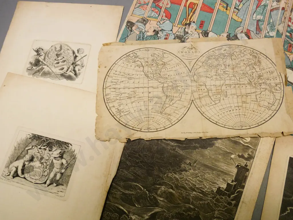 assorted unmounted vintage etchings, maps, prints, Japanese woodblock etc. - some spotting & wear Image 1++