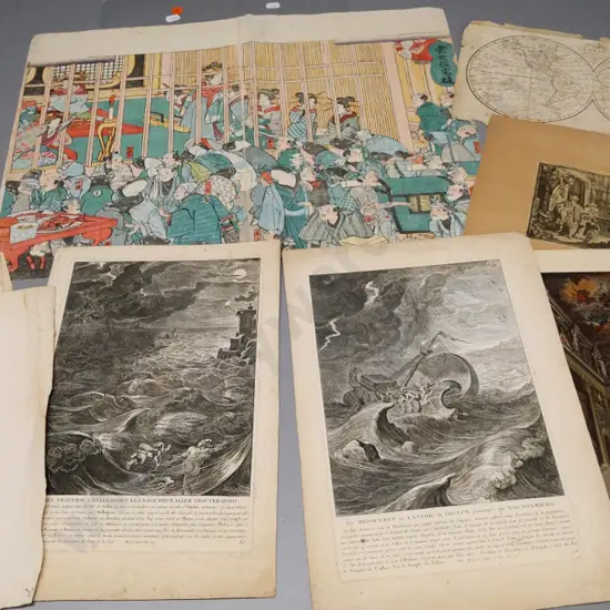 assorted unmounted vintage etchings, maps, prints, Japanese woodblock etc. - some spotting & wear