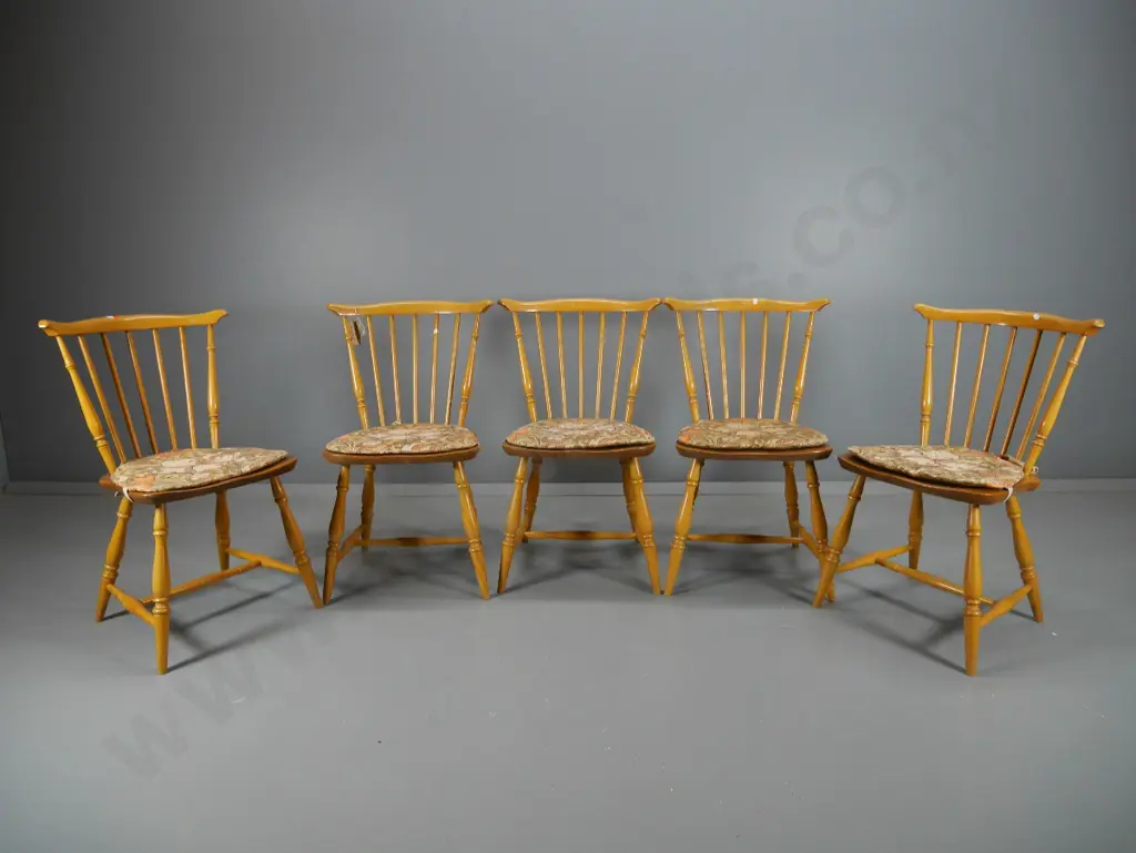 set of 5 Ercol England colonial style dining chairs w/Sanderson fabric seat cushions H-760 W-420 D-400 Image 1++