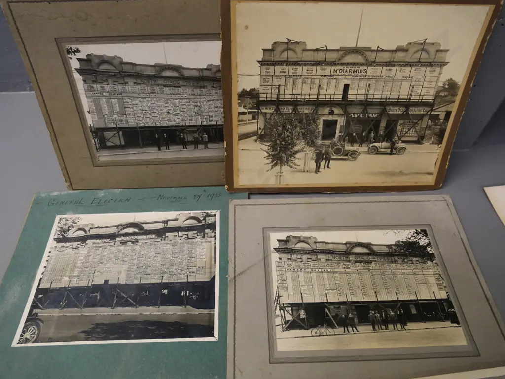 photographs and negatives of the North Otago Times newspaper office Oamaru - election result boards, printing press etc. Image 1++