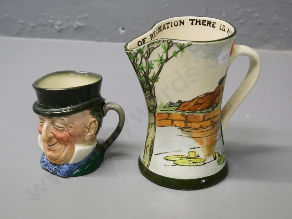 Royal Doulton Gallant Fishers jug H-130 and a Dickens ware Mr. Micawber jug Image 1++