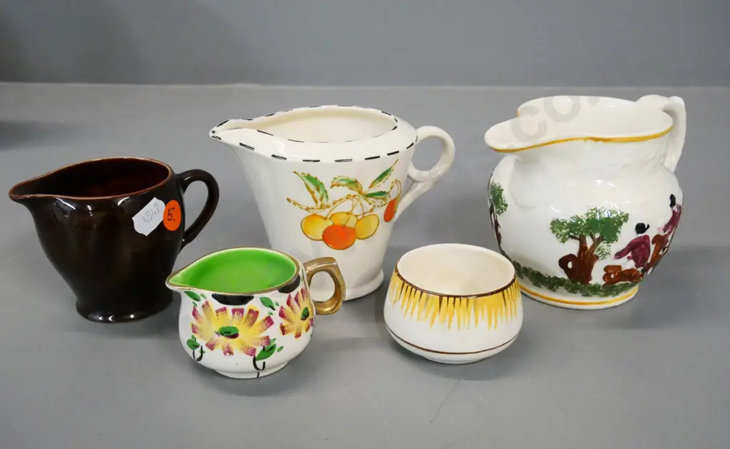 5 T&G Greene retro jugs - one with Old Canterbury relief scene H90 Image 1++