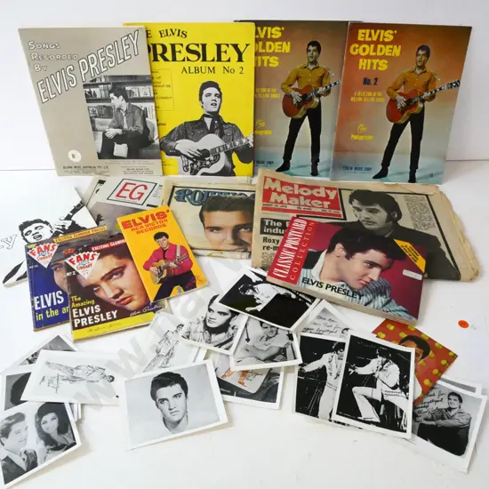 large assortment of Elvis memorabilia - souvenir photos, one marked Kiwi Elvis Presley fan club, sheet music, etc.